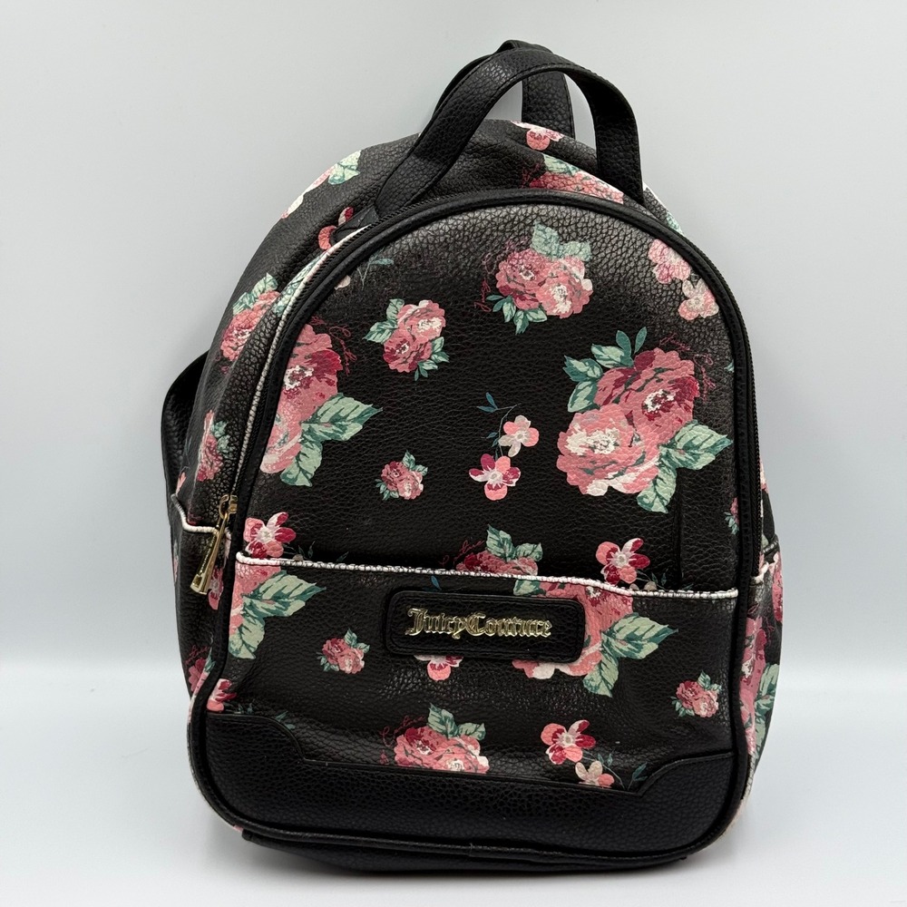 Juicy Couture Black Floral Vintage Rose Mini Backpack Gold Hardware Small Bag